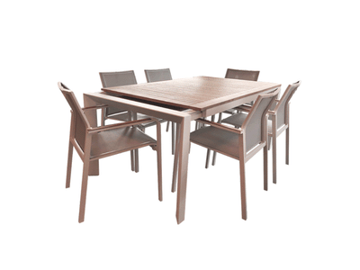 Extendable teak dining table with modern design and durable aluminum frame, perfect for outdoor use.
