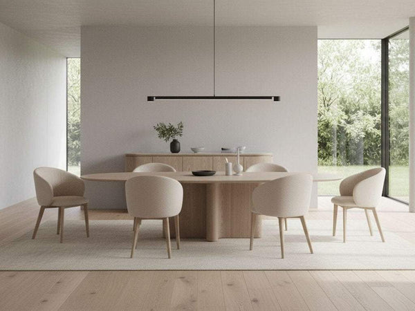 Tellaro ceramic dining table with 6mm ceramic top and ash veneer in modern dining room setting