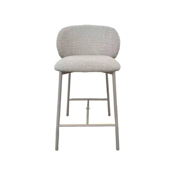 Theo Bar Chair with matte grey steel frame and ecru fabric upholstery for modern kitchen and bar seating