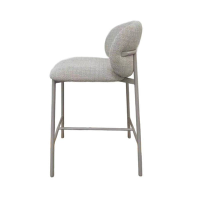 Theo Bar Chair with matte light grey steel frame and ecru fabric upholstery in modern minimalist design