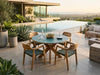 Tribu Outdoor Teak Round Dining Table with green ceramic top and teak base for outdoor dining