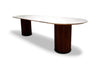 Toledo Ceramic Outdoor Dining Table with oval ceramic top and solid teak cylindrical bases