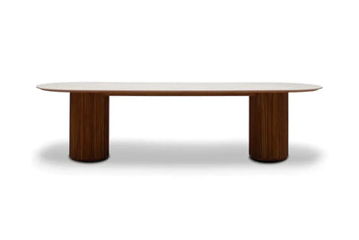 Toledo Ceramic Outdoor Dining Table with oval ceramic top and solid teak cylindrical legs for outdoor use