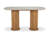 Toledo Outdoor Teak & Ceramic Bar Table with a light grey rounded ceramic top and fluted natural teak bases