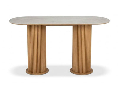 Toledo Outdoor Teak & Ceramic Bar Table with a light grey rounded ceramic top and fluted natural teak bases