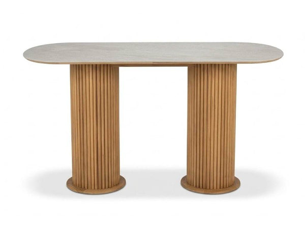 Toledo Outdoor Teak & Ceramic Bar Table with a light grey rounded ceramic top and fluted natural teak bases