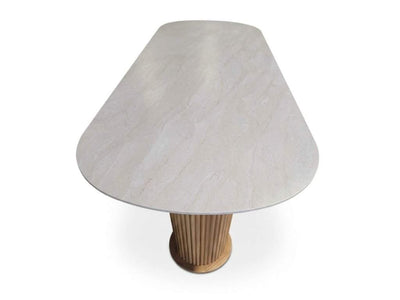 Toledo Outdoor Teak & Ceramic Bar Table with cream marble-effect ceramic top and fluted natural teak pedestal base