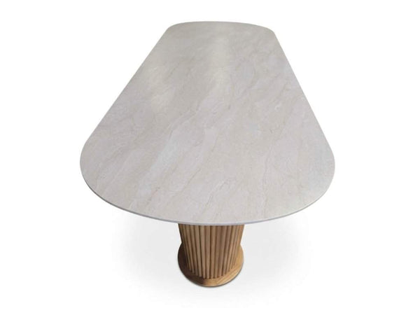 Toledo Outdoor Teak & Ceramic Bar Table with cream marble-effect ceramic top and fluted natural teak pedestal base