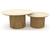 Toledo Outdoor Teak & Ceramic Coffee & Side Tables with round ceramic tops and solid teak slatted bases