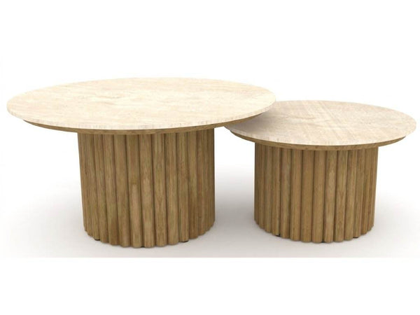 Toledo Outdoor Teak & Ceramic Coffee & Side Tables with round ceramic tops and solid teak slatted bases