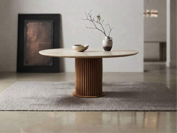 Toledo Teak & Ceramic Round Dining Table with ceramic top and solid teak slatted pedestal base
