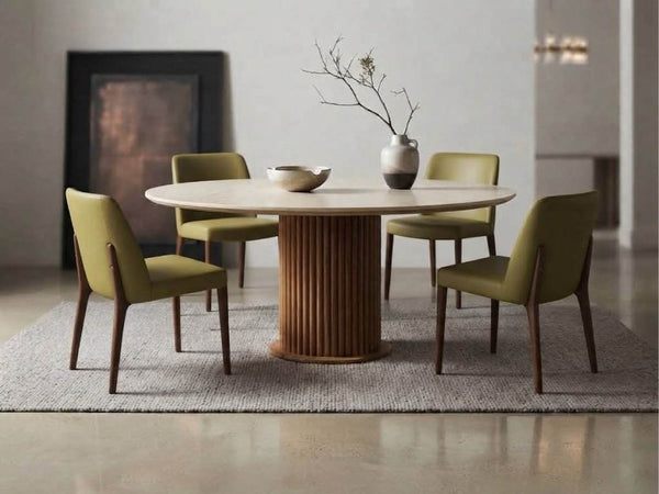 Toledo Teak & Ceramic Round Dining Table styled in a contemporary dining setting