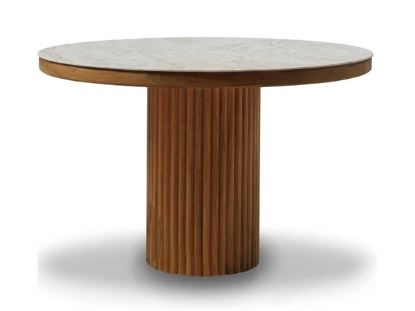 Toledo Teak & Ceramic Round Dining Table with ceramic top and solid teak slatted pedestal base