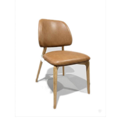 Trent Leather Dining Chair in camel tan with clear polished rubberwood legs