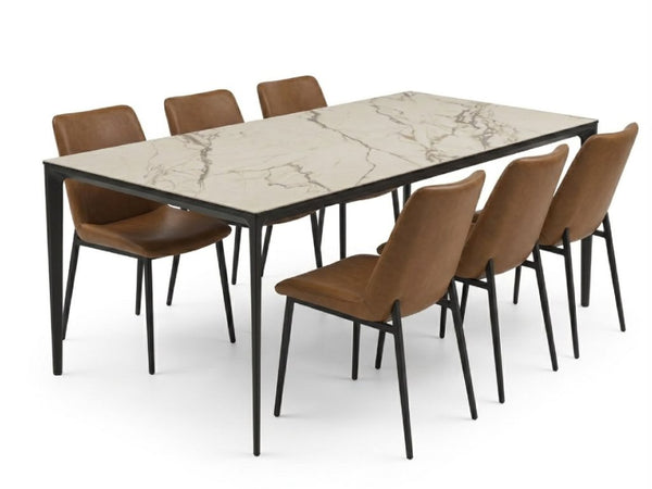 Turin Ceramic Dining Table with Spanish ceramic top and black steel base in dining room setting