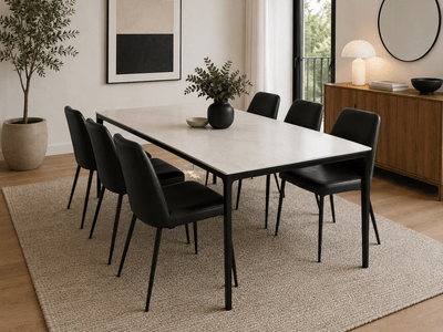 Mitchell Leather Dining Chair with black leather upholstery and matt black steel legs in modern dining room