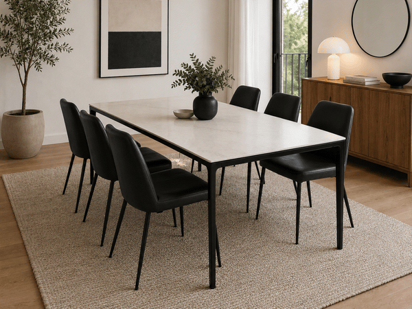 Mitchell Leather Dining Chair with black leather upholstery and matt black steel legs in modern dining room