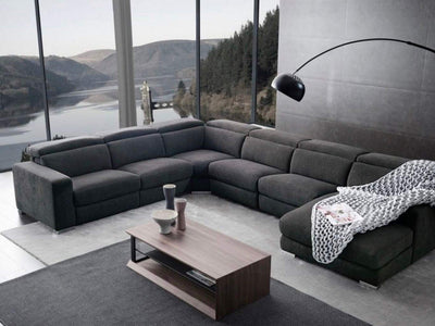 Tusmore 6.5-Seater Corner Sofa with Recliner and Chaise in a modern living room setting.