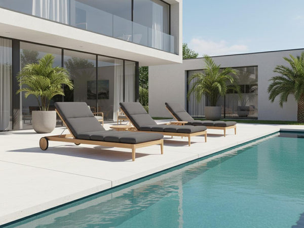 Unley A-Grade Teak Sun Lounger with adjustable backrest and Sunbrella cushions by poolside