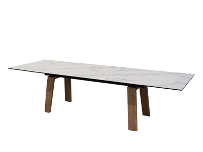 Valencia Twin Extendable Dining Table with tempered glass and ceramic top, steel frame, and veneered MDF legs.