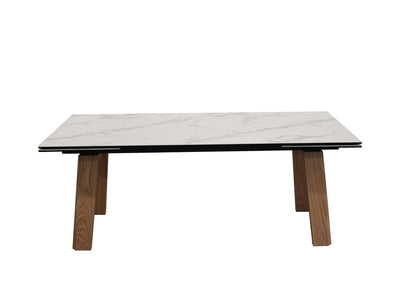 Valencia Twin Extendable Dining Table with tempered glass and ceramic top, powder-coated steel frame, and veneered MDF legs in modern design