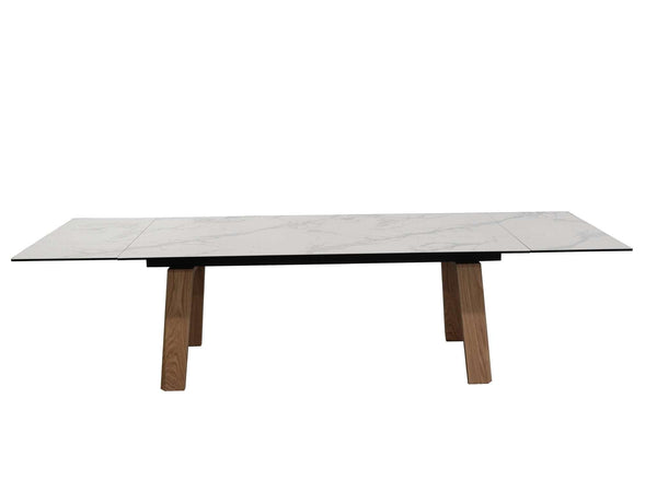 Valencia Twin Extendable Dining Table with tempered glass ceramic top, veneered MDF legs, and powder-coated steel frame in modern design
