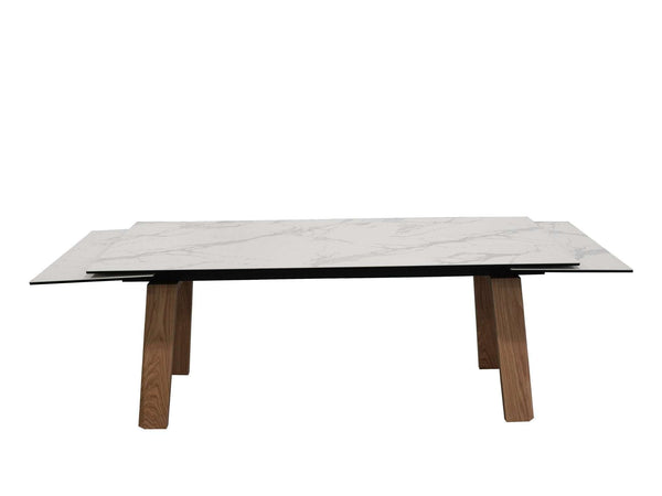 Valencia Twin Extendable Dining Table with tempered glass and ceramic top, powder-coated steel frame, and veneered MDF legs.