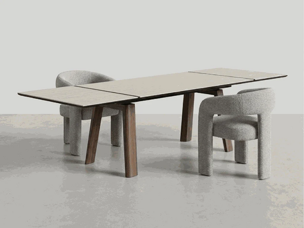 Valencia Twin Extendable Dining Table with ceramic top, natural Ash legs, and powder-coated steel frame in modern dining room