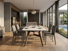Warwick Extendable Dining Table with a pale marble-patterned rectangular top, warm wood legs and a central extension seam.