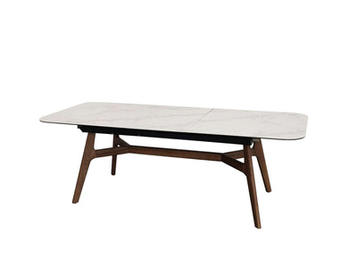 Warwick Extendable Dining Table with marble finish ceramic top, ash veneer legs, and steel frame in modern dining room.