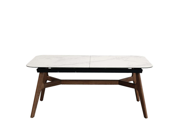 Warwick Extendable Dining Table with marble-effect ceramic top and ash veneer legs in modern dining room