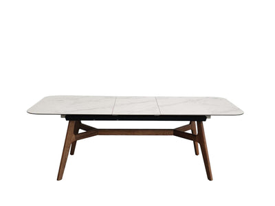 Warwick Extendable Dining Table with marble ceramic top, ash veneer legs, and powder-coated steel frame
