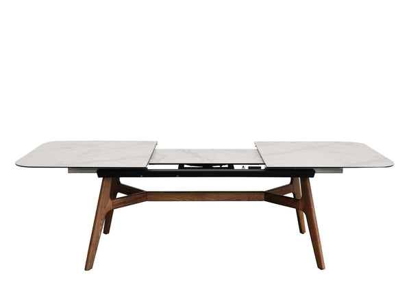 Warwick Extendable Dining Table with marble finish ceramic top, ash veneer legs, and steel frame, extending from 180cm to 230cm