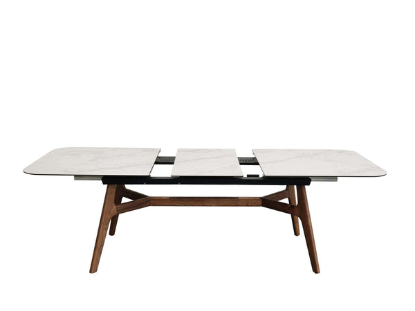 Warwick Extendable Dining Table with marble ceramic top, ash veneer legs, and powder-coated steel frame in modern dining room