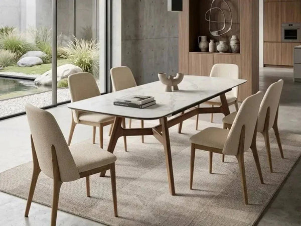 Warwick Extendable Dining Table with marble ceramic top, ash veneer legs, and powder-coated steel frame in modern dining room