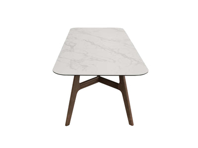 Warwick Extendable Dining Table with marble ceramic top, ash veneer legs, and steel frame in modern dining room