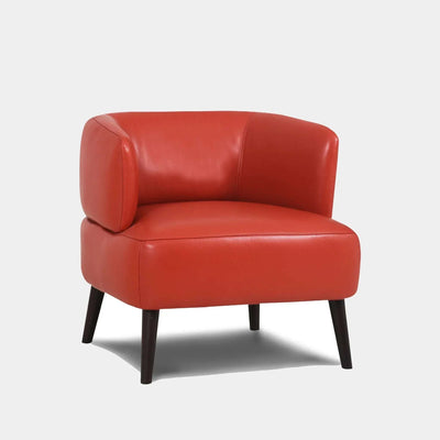 Red Woody Leather Armchair with curved back and wooden legs.
